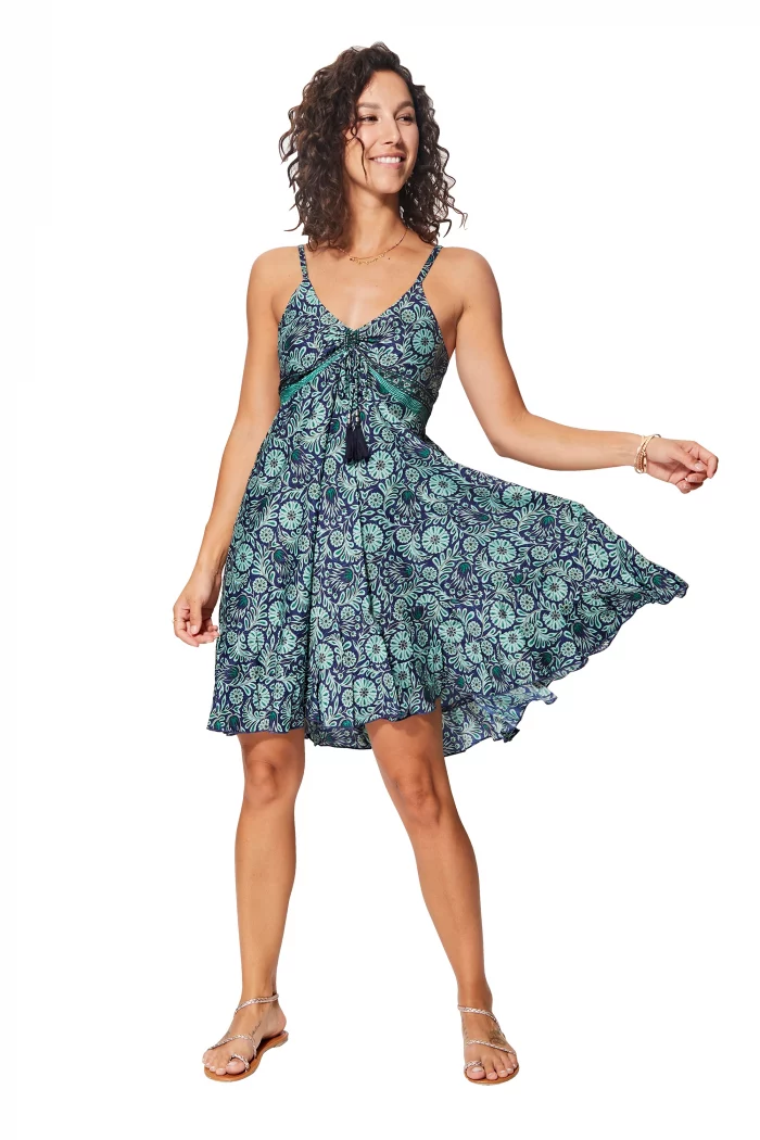 Robe courte d'été à bretelles Bleue marine à fleurs - RLIP0278C – Image 1
