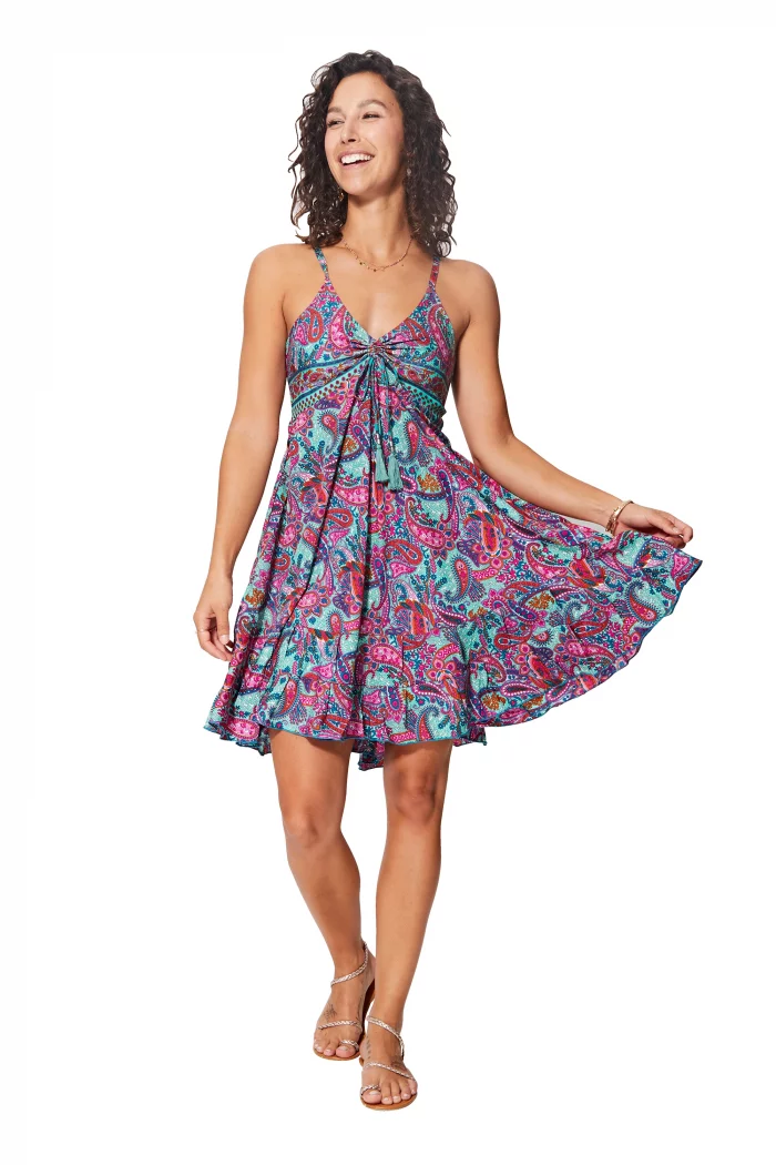 Robe courte d'été à bretelles Turquoise et fuchsia - RLIP0278B – Image 1