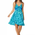 Robe courte d'été à bretelles Bleue à motifs végétaux - RLIP0278D