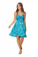 Robe courte d'été à bretelles Bleue à motifs végétaux - RLIP0278D