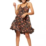 Robe courte d'été à bretelles Noire à fleurs colorées - RLIP0278E