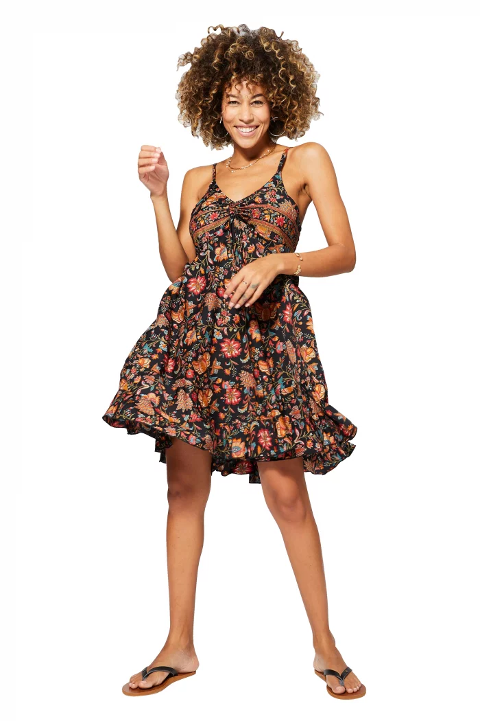 Robe courte d'été à bretelles Noire à fleurs colorées - RLIP0278E – Image 1