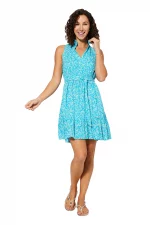 Robe col mao sans manches Bleue à fleurs blanches - RLIPV0013B