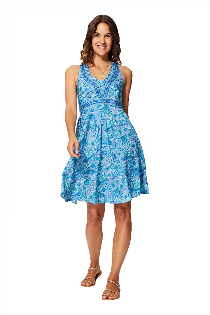 Robe courte Bleue à motifs bohèmes à dos nageur - RLIP0282A – Image 1