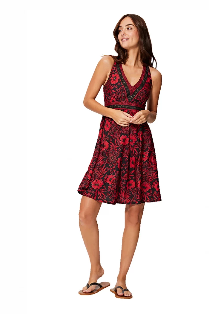 Robe bohème noire et rouge à dos nageur - RLIP2003D – Image 1