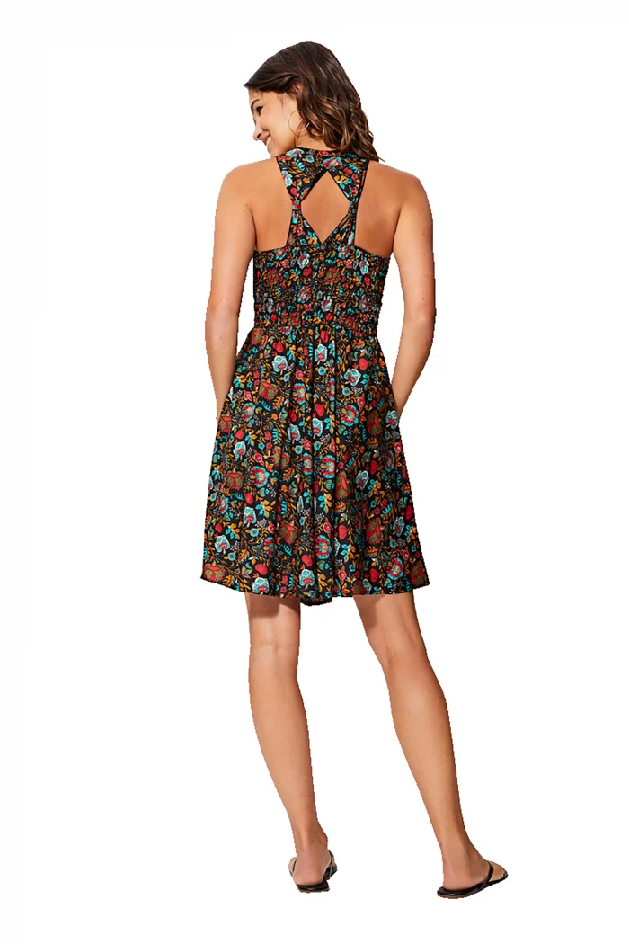 Robe courte Noire à fleurs colorées et dos nageur - RLIP0282F – Image 2