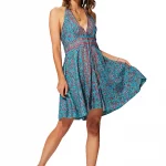 Robe courte dos nu Turquoise à fleurs - RLIP0270B