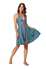 Robe courte dos nu Turquoise à fleurs - RLIP0270B