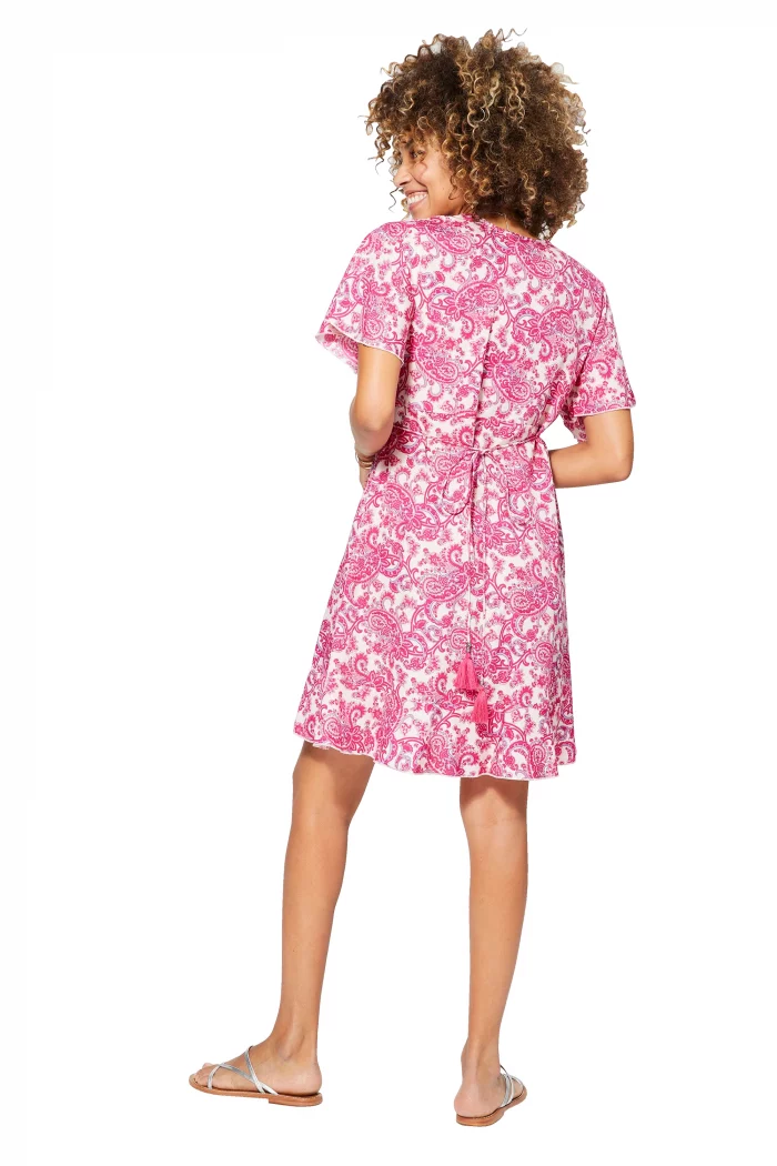 Robe bohème courte blanche et rose à manches courtes - RLIP0297B – Image 2