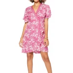 Robe bohème courte blanche et rose à manches courtes - RLIP0297B