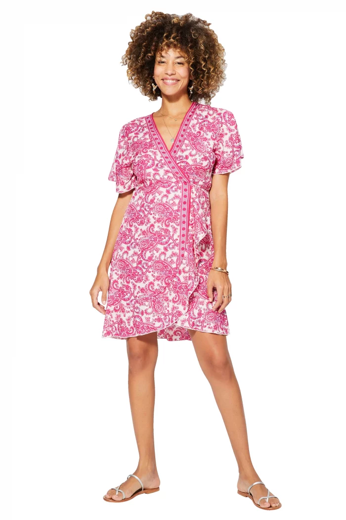 Robe bohème courte blanche et rose à manches courtes - RLIP0297B – Image 1