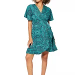 Robe bohème courte turquoise à manches courtes - RLIP0297A