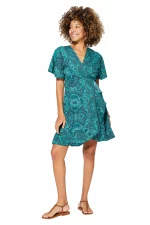 Robe bohème courte turquoise à manches courtes - RLIP0297A