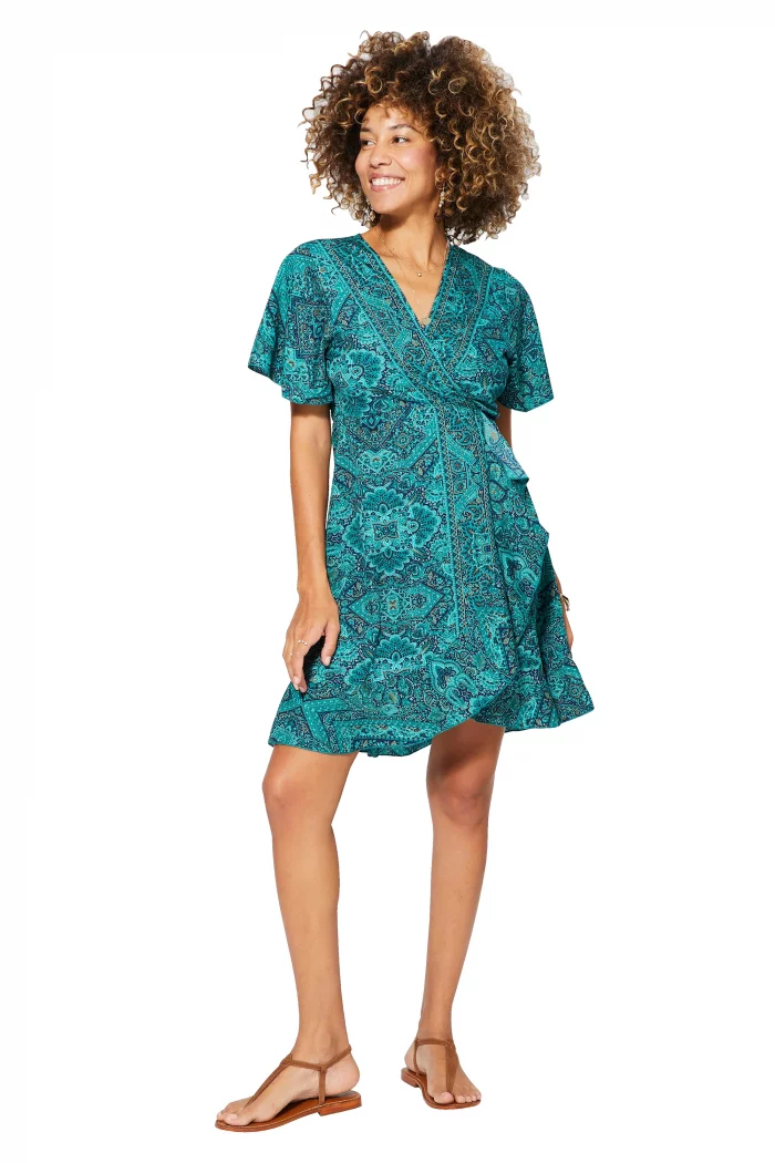 Robe bohème courte turquoise à manches courtes - RLIP0297A – Image 1