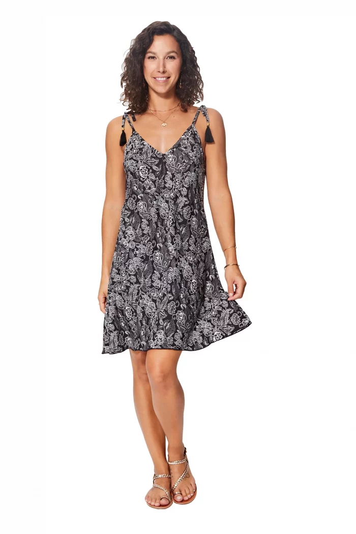 Robe courte noire et blanche à bretelles à nouer - RLIP3031A – Image 1