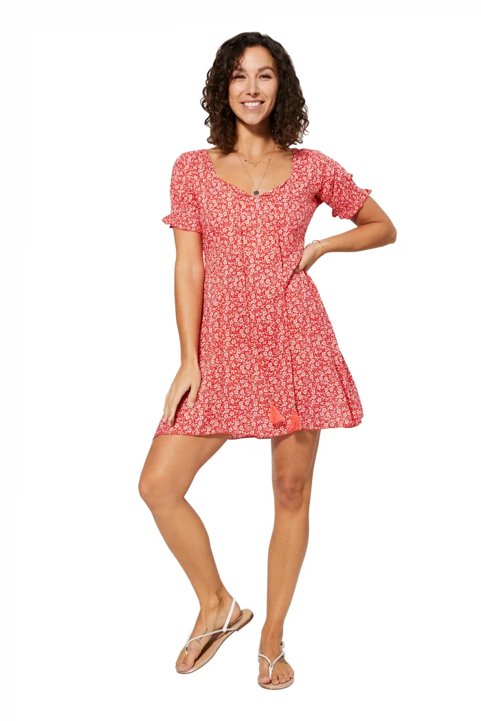 Petite Robe bohème Rouge à fleurs blanches - RLIPV0015A – Image 1