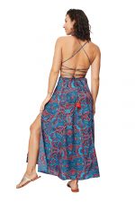 Longue Robe fendue à liens Bleue et rouge - MAXIPA3056A – Image 2
