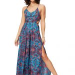 Longue Robe fendue à liens Bleue et rouge - MAXIPA3056A