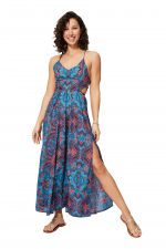 Longue Robe fendue à liens Bleue et rouge - MAXIPA3056A