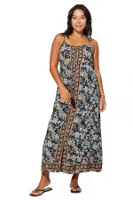 Robe longue ajustée Noire à fleurs colorées - MAXIPA3060B