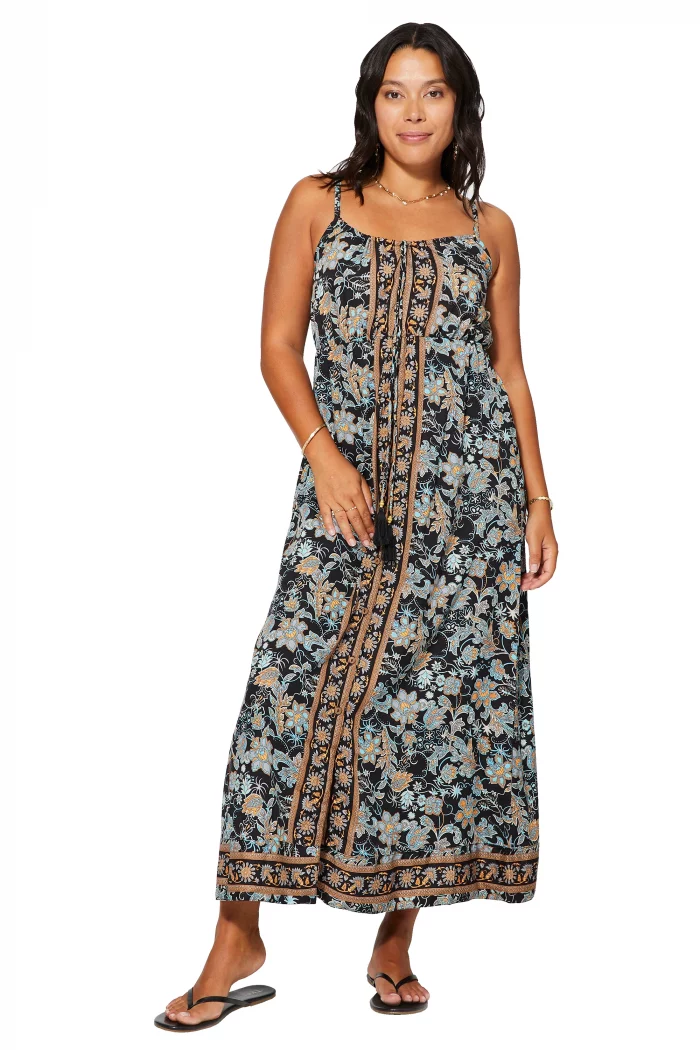 Robe longue ajustée Noire à fleurs colorées - MAXIPA3060B – Image 1