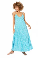 Robe longue ample Bleue à fleurs blanches - MAXIPAV0010B