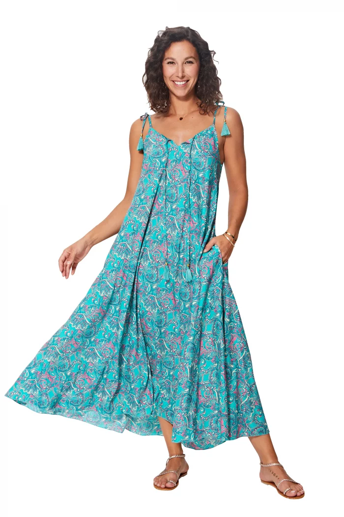 Robe ample à bretelles à nouer Bleue et rose - MAXIPA3058C – Image 1