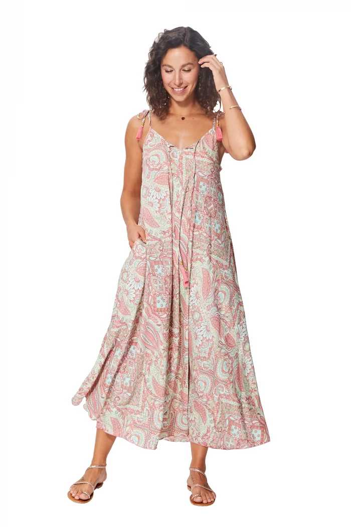 Robe ample à bretelles à nouer Crème et rose - MAXIPA3058A – Image 1