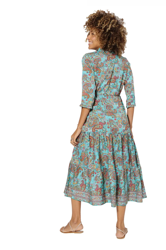 Longue Robe Turquoise évasée à col mao - MAXIPA3084A – Image 2