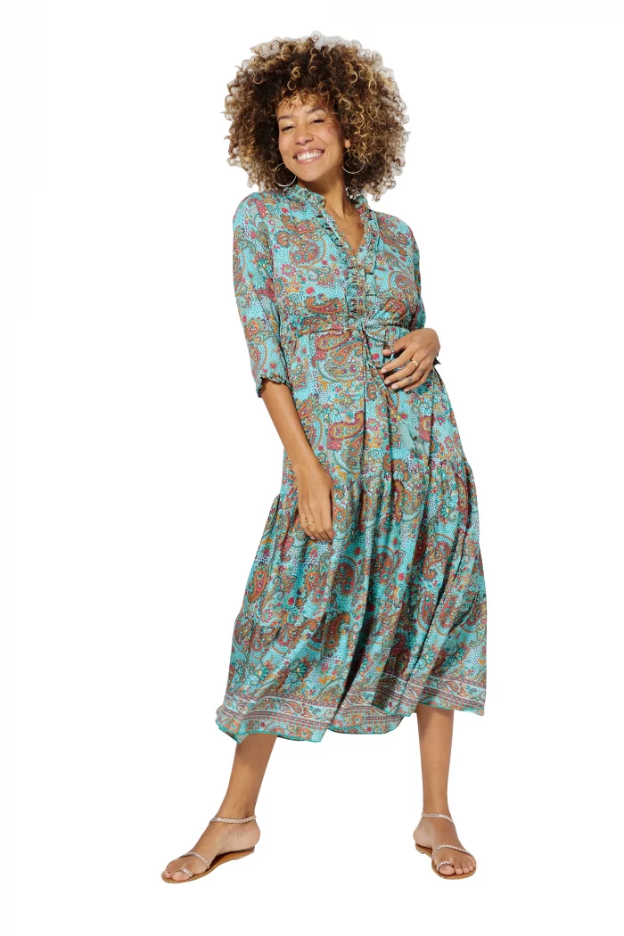 Longue Robe Turquoise évasée à col mao - MAXIPA3084A – Image 1