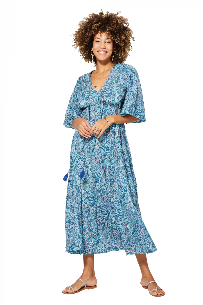 Robe longue ample Bleue à motifs bohèmes - MAXIPA3086B – Image 1