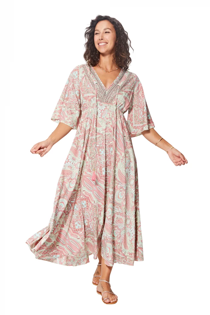 Robe longue ample Crème et rose - MAXIPA3086A – Image 1