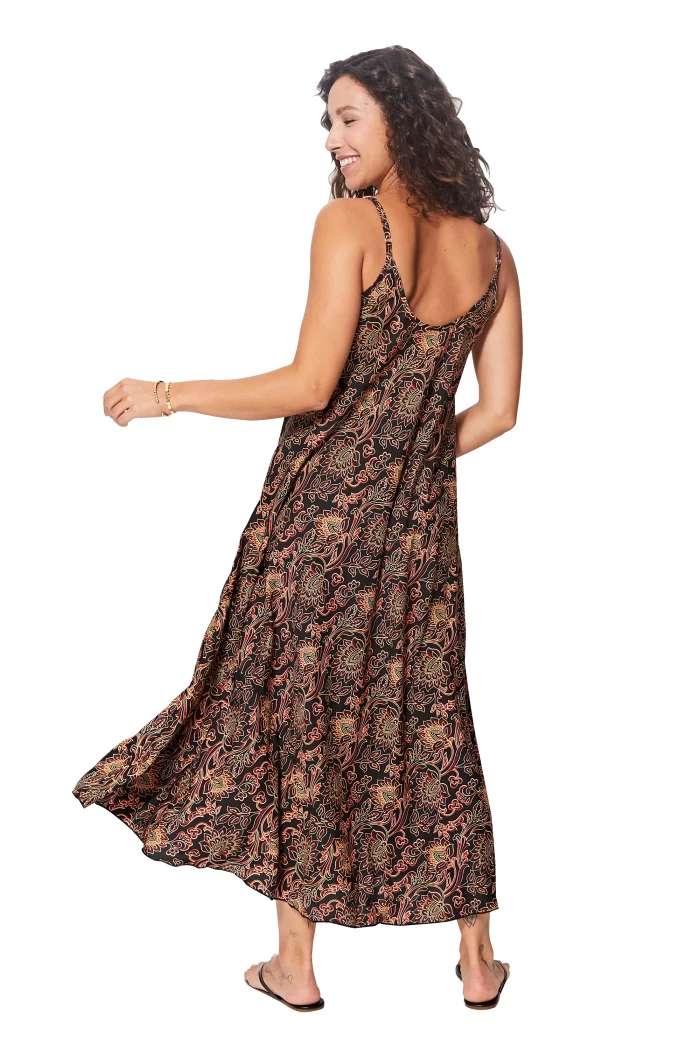 Longue Robe ample Noire à motifs beige et rouge - MAXIPA3057B – Image 2