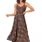 Longue Robe ample Noire à motifs beige et rouge - MAXIPA3057B