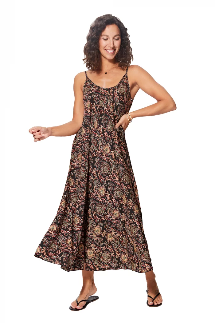 Longue Robe ample Noire à motifs beige et rouge - MAXIPA3057B – Image 1