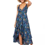 Robe longue asymétrique Bleue à fleurs - MAXIPAV0008B