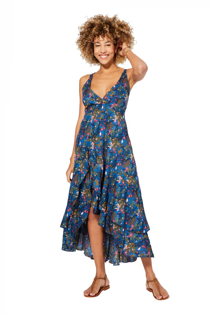 Robe longue asymétrique Bleue à fleurs - MAXIPAV0008B – Image 1