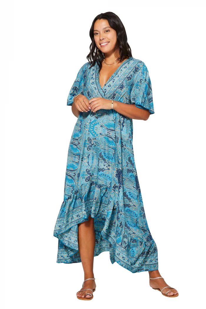 Longue Robe asymétrique Bleue à motifs bohèmes - MAXIPA3079A – Image 1
