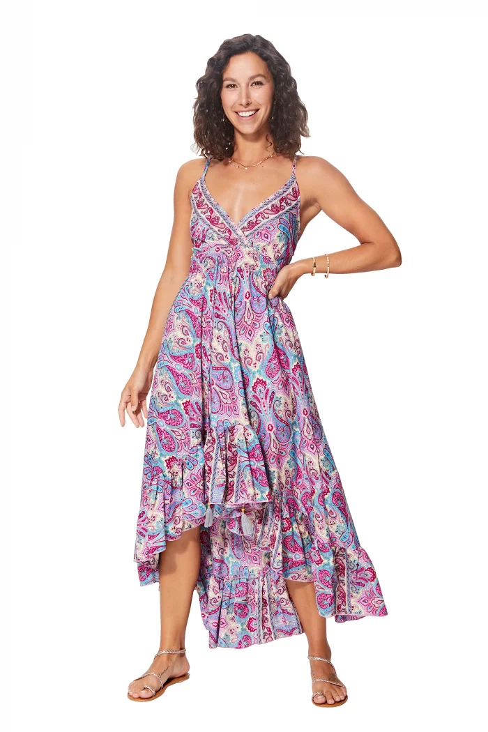 Longue Robe asymétrique Fuschia et bleue - MAXIPA3064A – Image 1