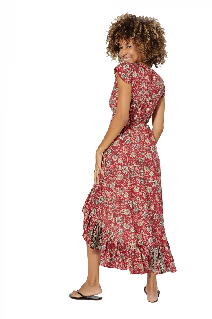 Longue Robe asymétrique Rouge à motifs bohèmes - MAXIPA3078B – Image 2