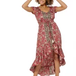 Longue Robe asymétrique Rouge à motifs bohèmes - MAXIPA3078B