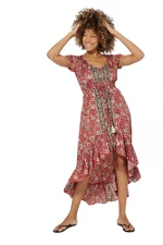 Longue Robe asymétrique Rouge à motifs bohèmes - MAXIPA3078B