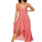 Robe longue asymétrique Rouge à fleurs - MAXIPAV0008A