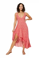 Robe longue asymétrique Rouge à fleurs - MAXIPAV0008A