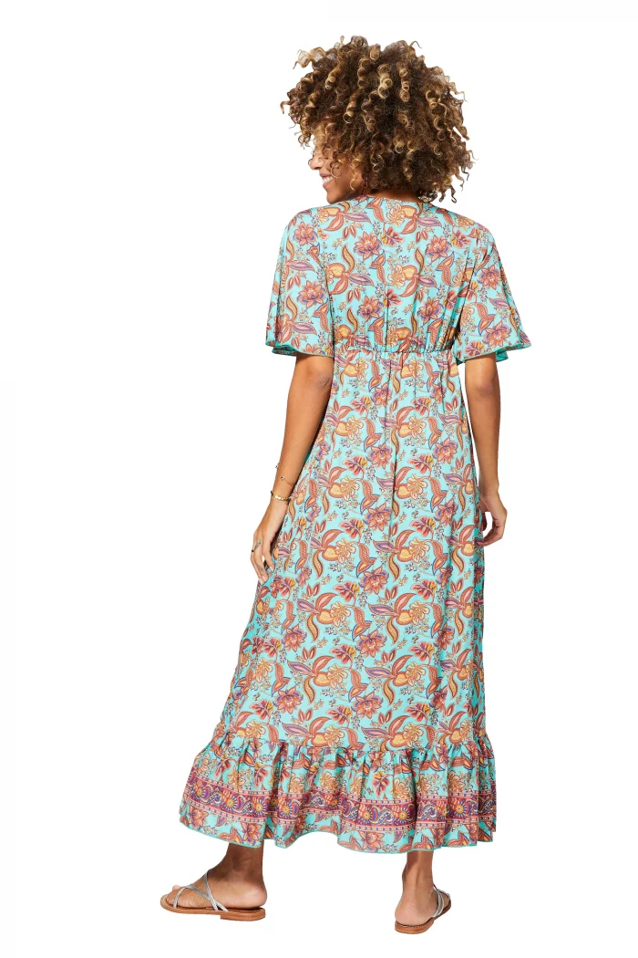 Longue Robe asymétrique Turquoise à motifs bohèmes - MAXIPA3079B – Image 2