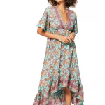 Longue Robe asymétrique Turquoise à motifs bohèmes - MAXIPA3079B