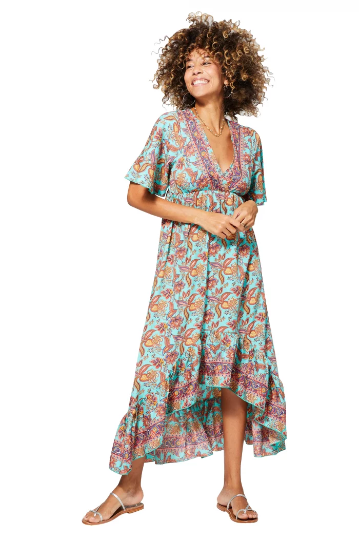 Longue Robe asymétrique Turquoise à motifs bohèmes - MAXIPA3079B – Image 1