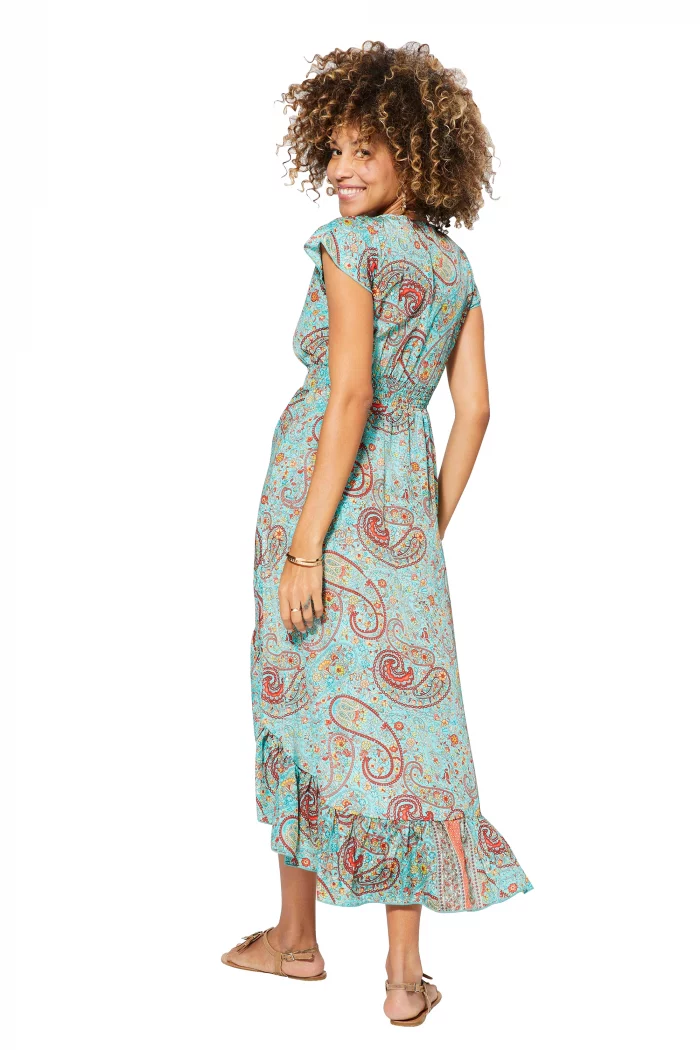 Longue Robe asymétrique Turquoise à motifs oranges - MAXIPA3078A – Image 2