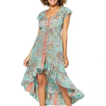 Longue Robe asymétrique Turquoise à motifs oranges - MAXIPA3078A