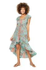 Longue Robe asymétrique Turquoise à motifs oranges - MAXIPA3078A